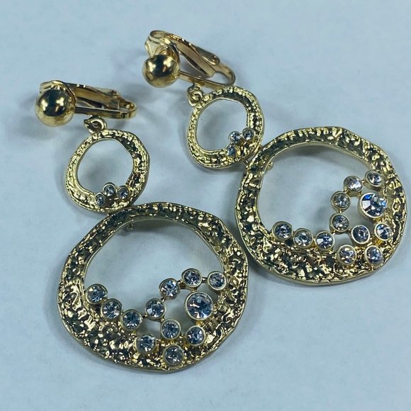 Art Deco Earrings Dangle Drop Clip-on Gold Tone Clear Rhinestones Gypsy Boho - Picture 13 of 16